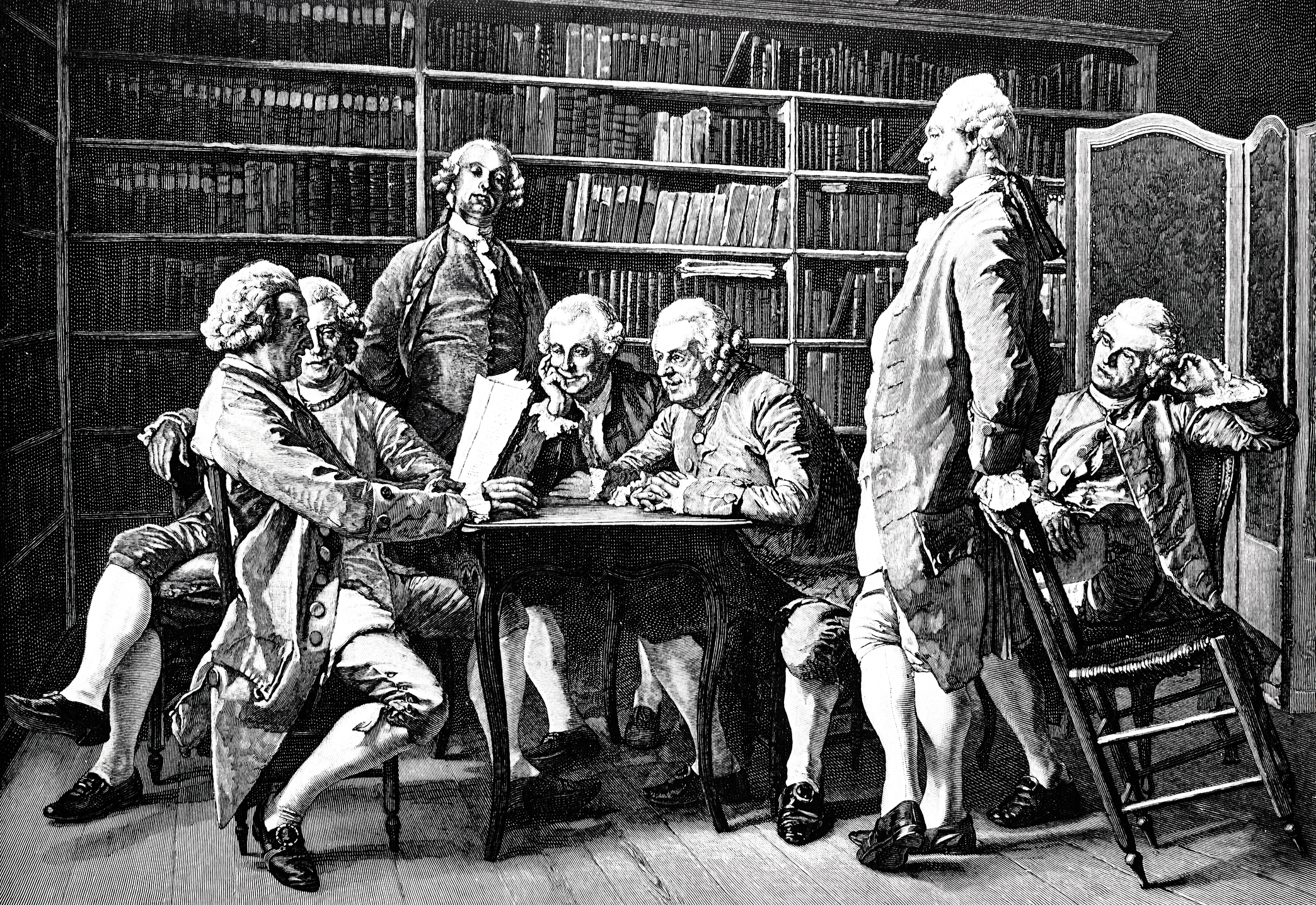 Group of men discussing in the library of Denis Diderot